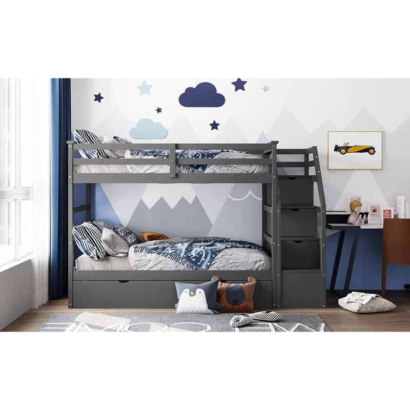 Lit superposé fonctionnel Twintwin avec lit gigogne gris et rangement intelligent, Grey