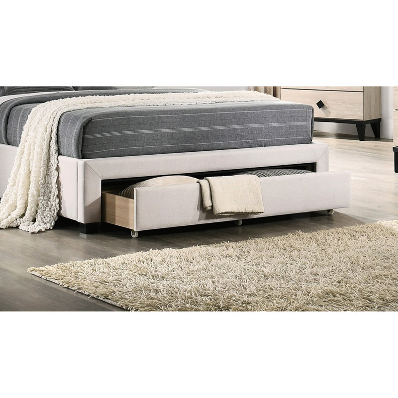 Lit en tissu de jute brun, lit double avec tête de lit et tiroir de rangement, chambre à coucher au design moderne