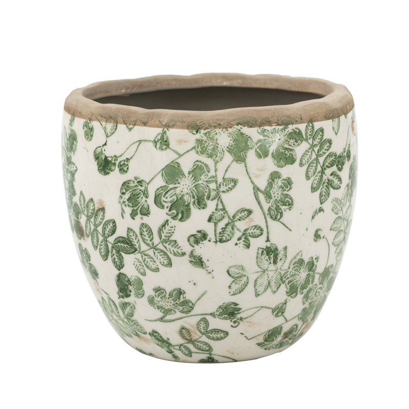 Vase en céramique 7,3 x 7,3 x 6,7 po d'inspiration rétro avec motif botanique vert et blanc vieilli