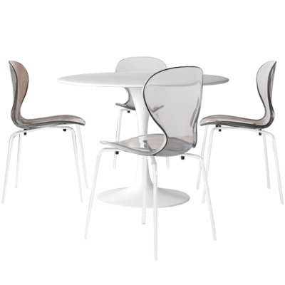 Ensemble de salle à manger 5 pièces avec table de salle à manger ronde en panneau de fibres à densité moyenne blanche de 35 po et 4 chaises d'appoint en plastique avec pieds blancs