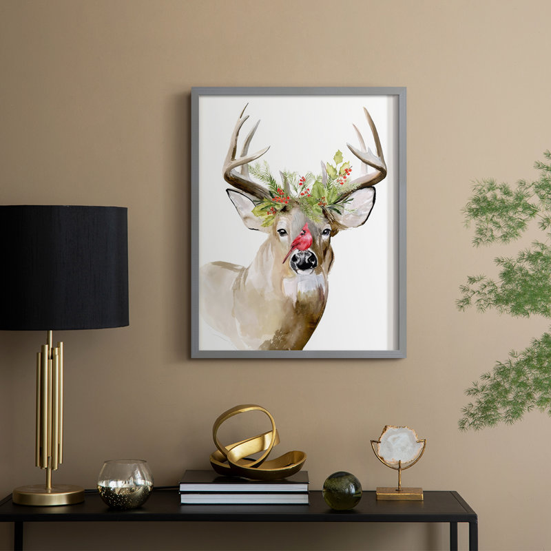 «Holiday Deer II», reproduction encadrée - bois massif, H 21 po x l 17 po, Cadre gris