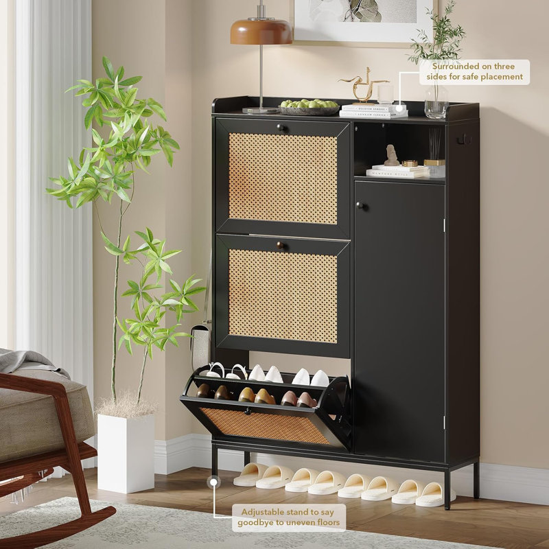 3 Tier Shoe Cabinet With Natural Rattan Flip Drawers, Free Standing Shoe Storage Organizer With Adjustable Shelves, Black