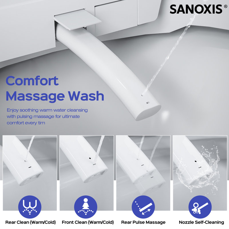 SANOXIS Smart Toilet With Smart Bidet Combo, Auto Open/close Lid, Tankless 1.28 GPF Auto Flush, Heated Seat, Warm Wash & Dryer, Deodorizer, Soft-close, Blackout Flush, And Remote Control