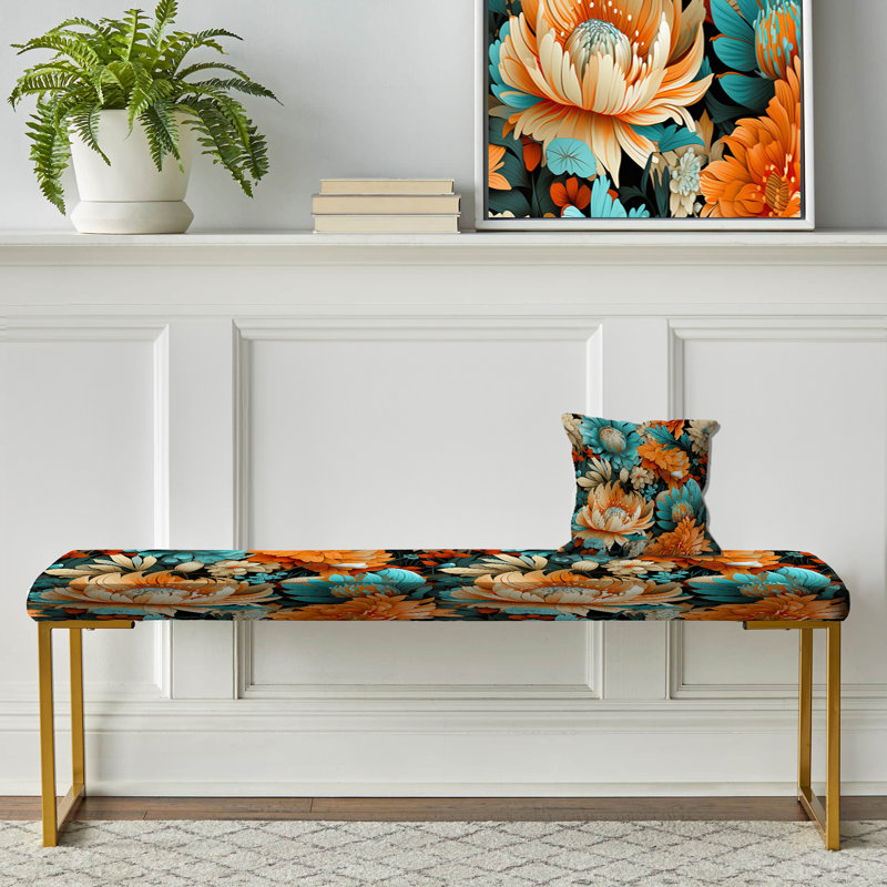 Banc floral rembourré or, Sérénade florale turquoise Poupart