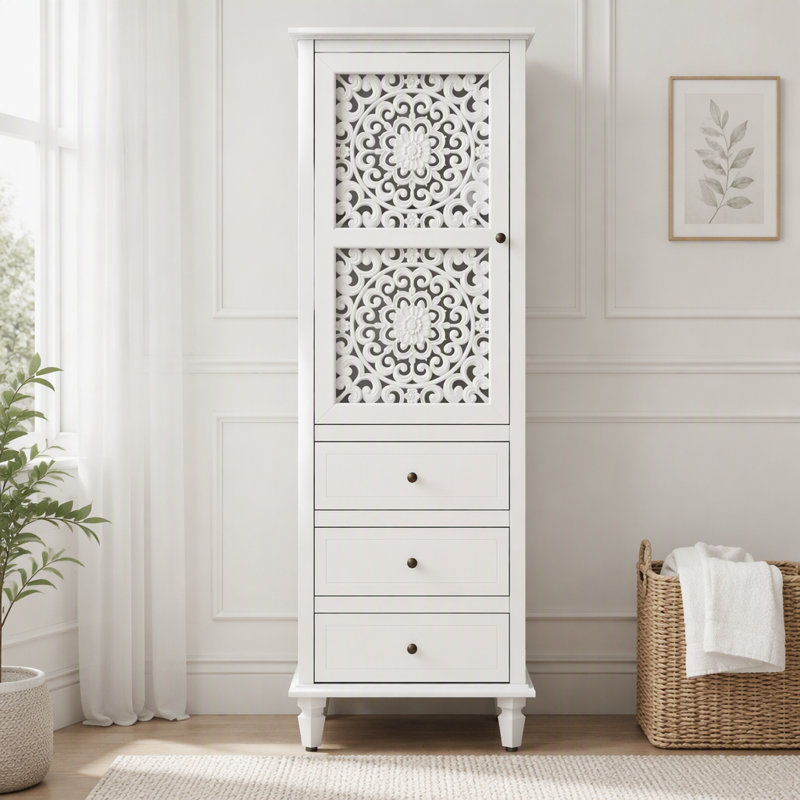 Armoire de rangement de style campagnard de 63 pouces avec porte sculptée, Blanc