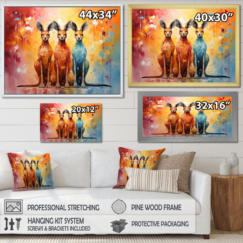 Kangourou coloré, esprit V sur toile, Cadre simple blanc, H 12 po x l 20 po x P 1 po