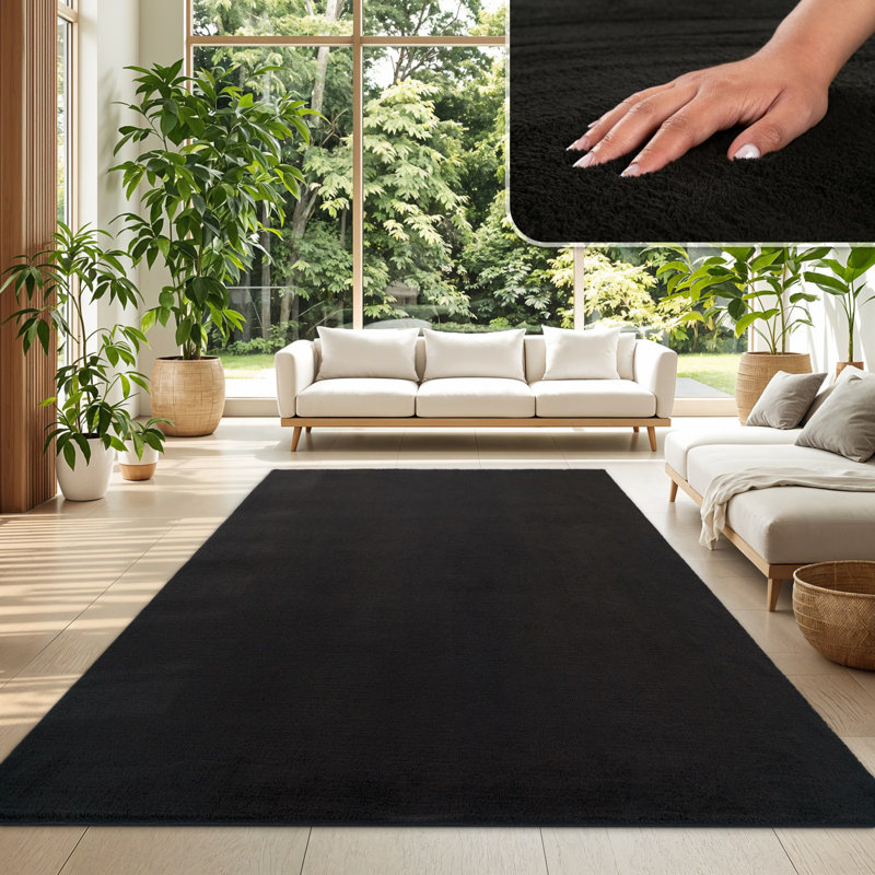 Tapis doux, doux, à poils courts, antidérapant, de couleur unie, lavable, Noir, Rectangle 6 pi 7 po x 9 pi 2 po