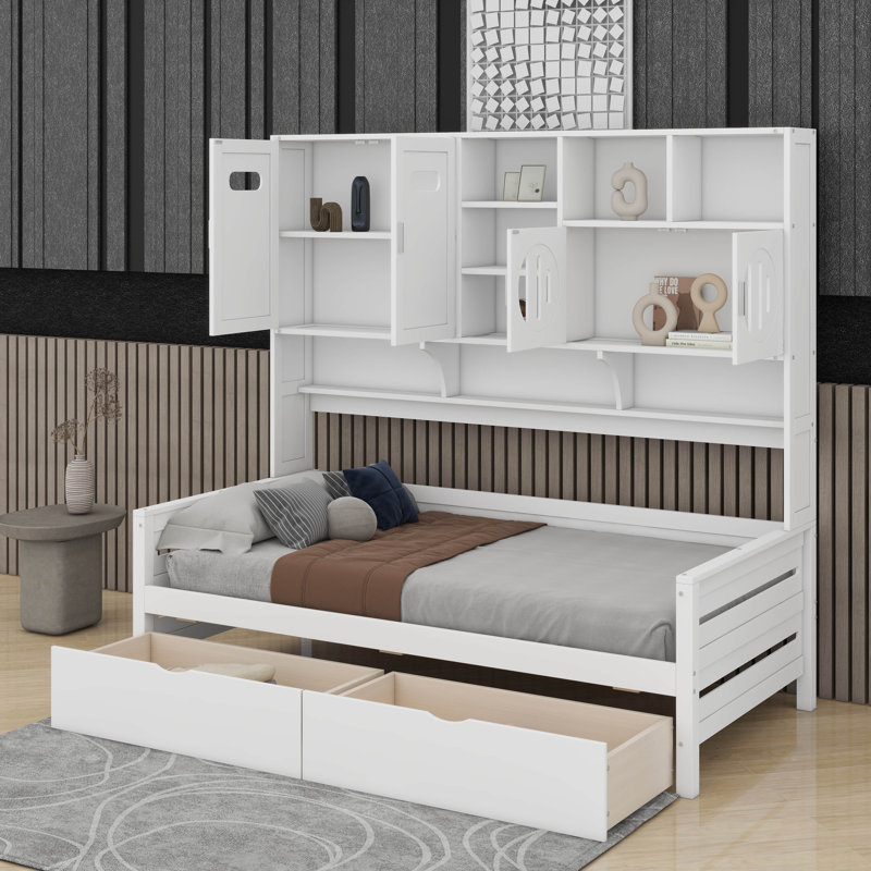 Lit de jour en bois avec tiroirs, Lit simple, Blanc