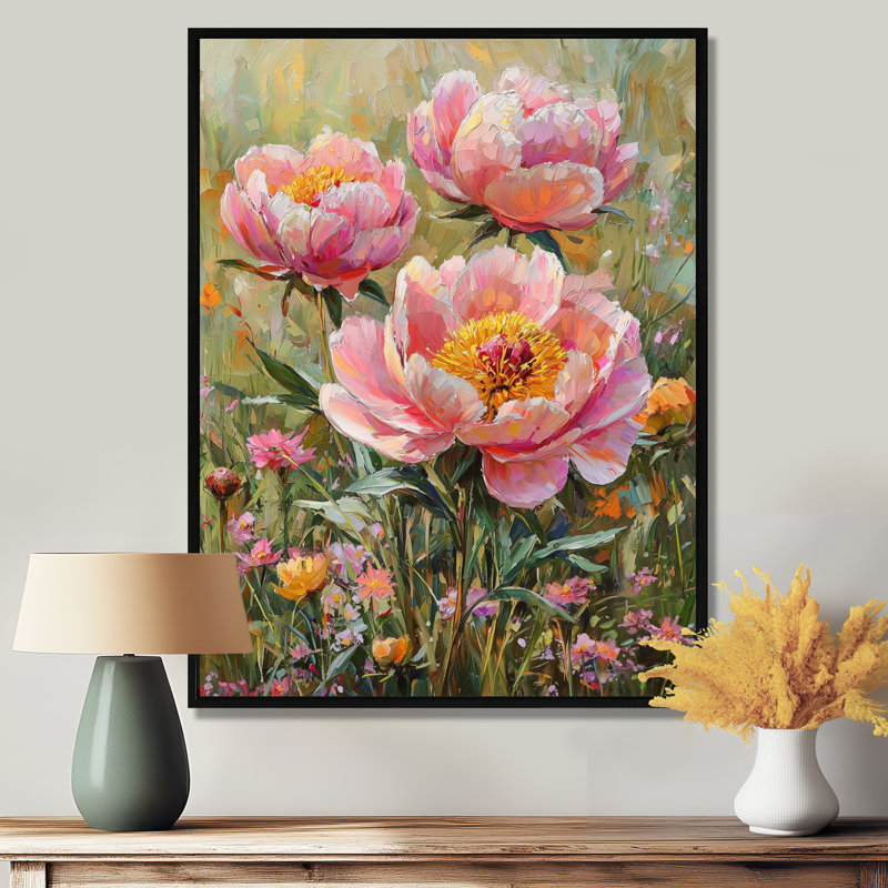 Décoration murale pivoines Chamberlin I - Fleurs de pivoines, H 20 po x l 12 po, Reproduction avec cadre flottant, Noir