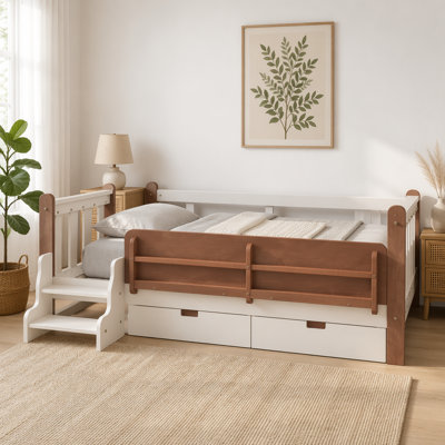 Lit avec tiroirs de rangement, lit en bois avec de jolis escaliers et garde-corps