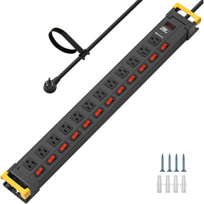 CRST 12 Outlet Heavy Duty Metal Power Strip with Individual Switches, 9FT Surge Protector Power Strip with Cord Managment, Wide Spaced Outlets