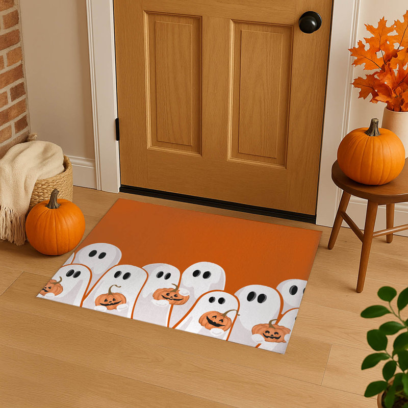 Tapis d'entrée antidérapant pour fantômes et citrouilles, Orange, L 60 po x L 84 po