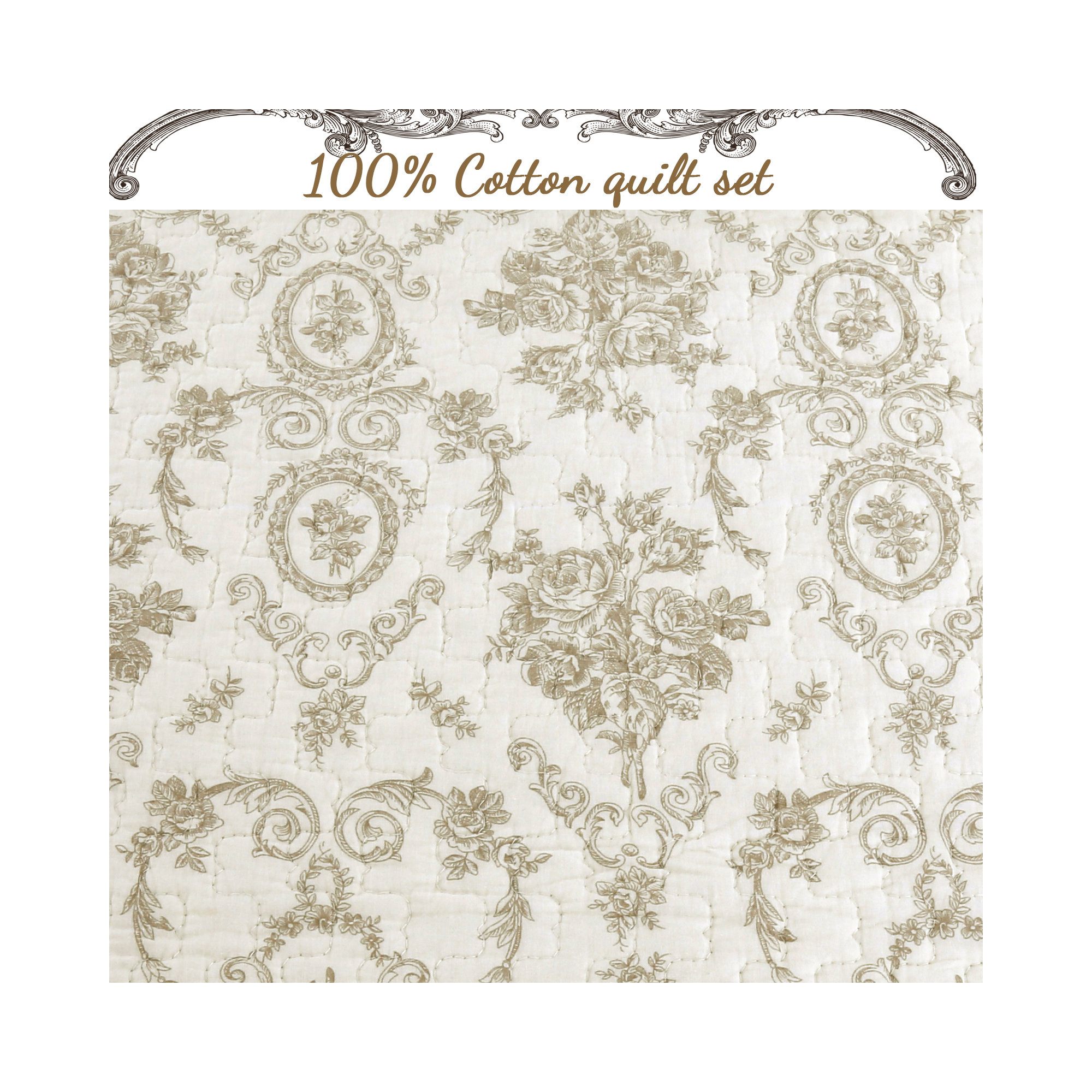 French Medallion Quilt Set, Queen Quilt + 2 Shams, Ivory/Cream