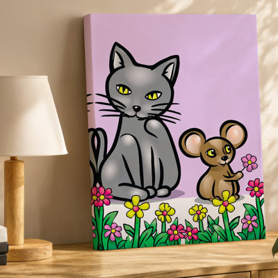 Toile, scène animée et ludique avec deux personnages anthropomorphes, art mural Grand chat gris avec toile jaune expressive