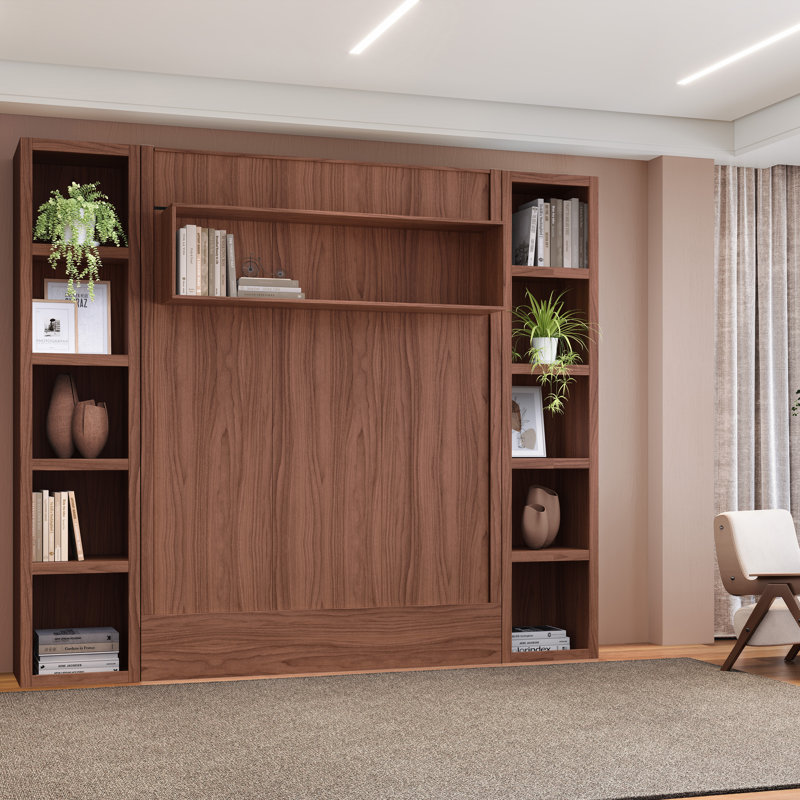 Easy-Lift Murphy Wall Bed in Wood Grain with Two Bookshelves, Brown, Full/Double
