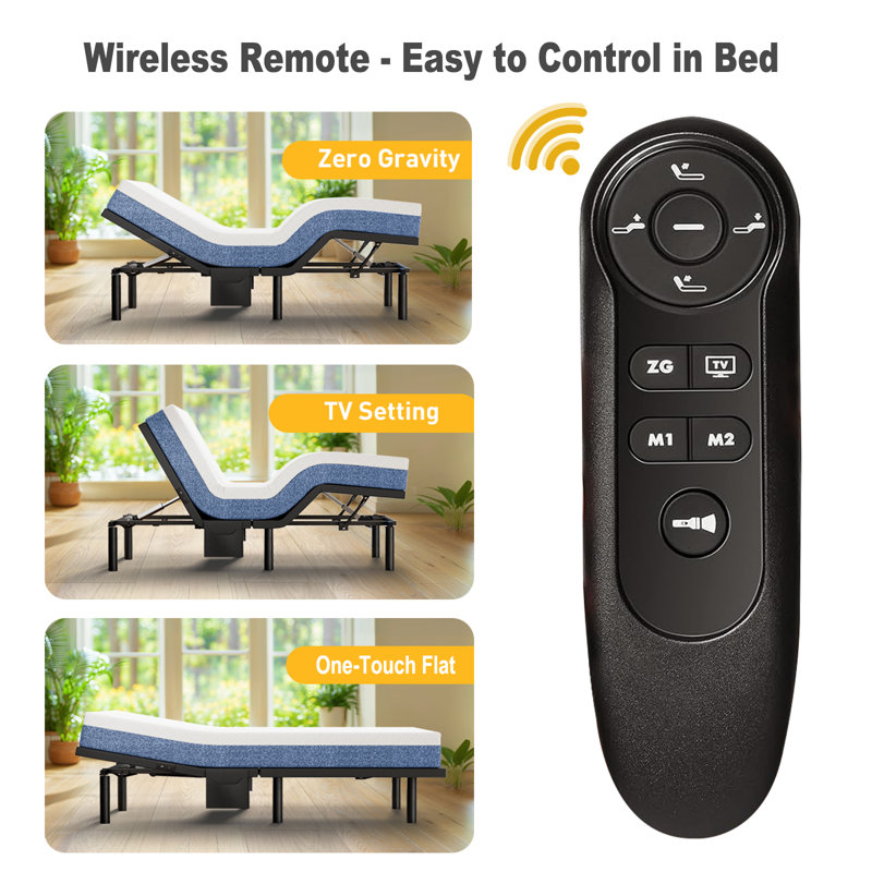 Structure de lit réglable avec télécommande sans fil, base réglable sans gravité, 4 ports USB, poches latérales amovibles, éclairage sous le lit et pieds réglables