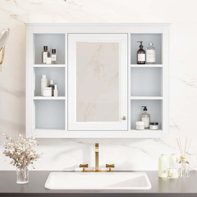 Armoire à pharmacie, armoire de rangement de salle de bain murale, armoire de salle de bain moderne avec miroir, armoire à miroir avec 6 tablettes ouvertes, meuble-lavabo non inclus
