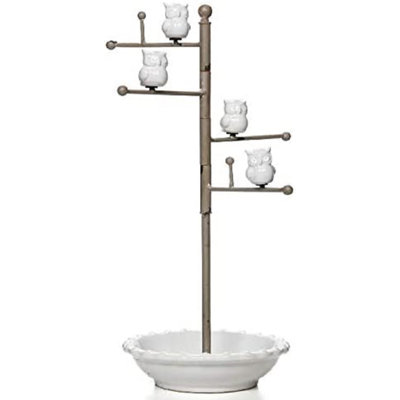 Hosley White Ceramic Owl Jewellery Stand Holder Organizer- 15Inch High Sturdy Hanger Ideal Gift for Women, Gold Jewellery, Tower for Necklace, Earring, Bracelet