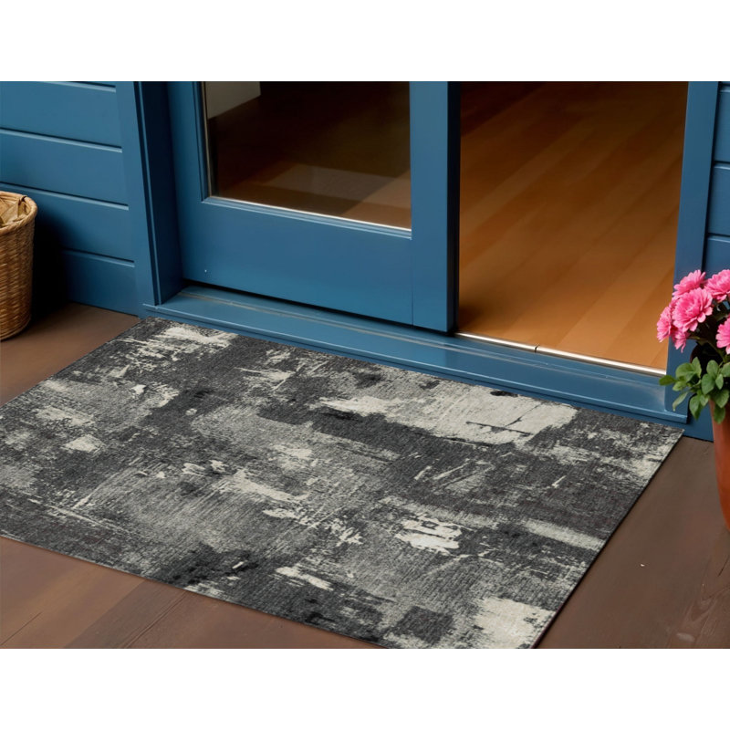 Tapis intérieur lavable abstrait 3 pi x 5 pi noir et gris