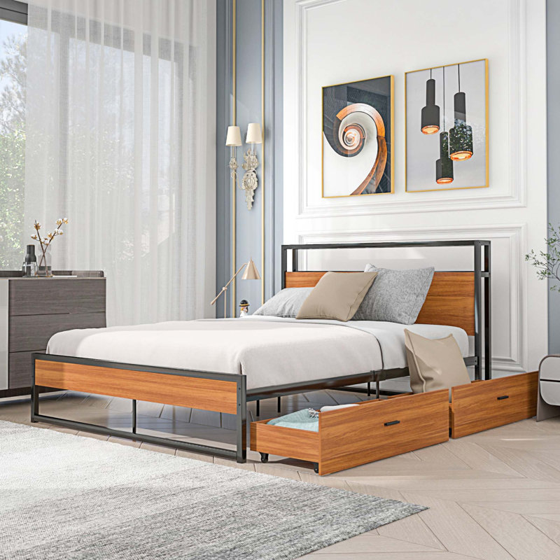 Metal Platform Storage Bed, Black, Queen