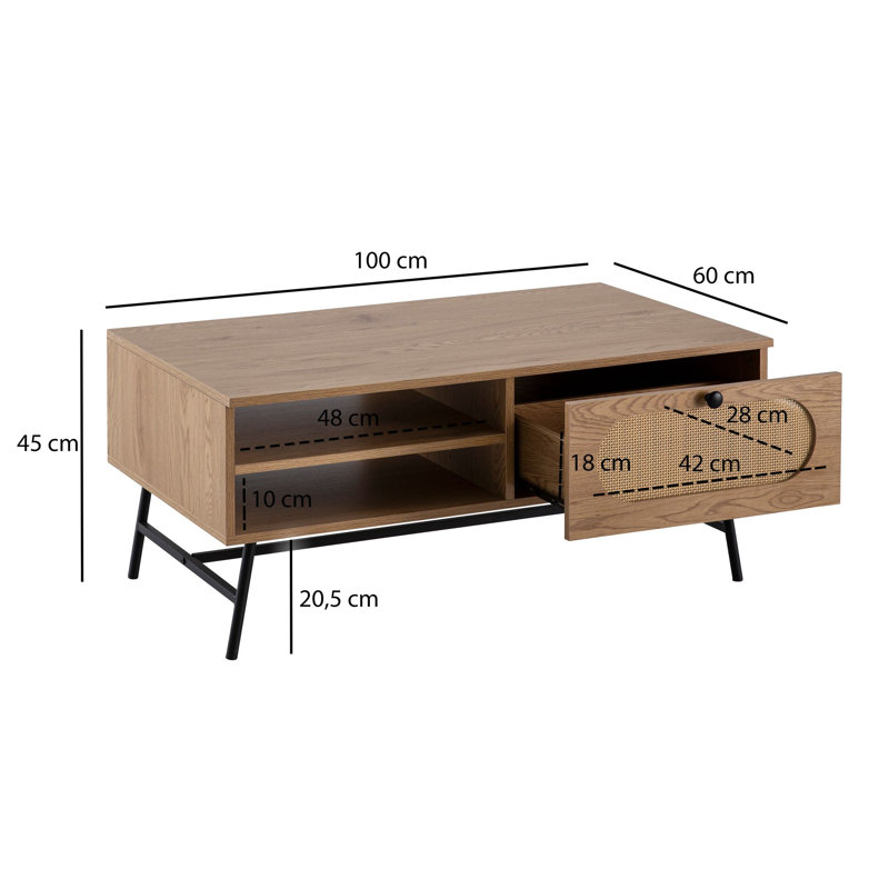 Coffee table drawer rattan 100 cm living room table sofa table storage space