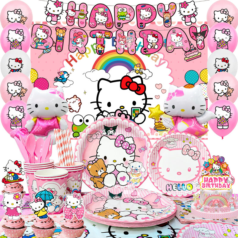 Décorations d'anniversaire Hello Kitty, 124 pièces décorations de fête Hello Kitty