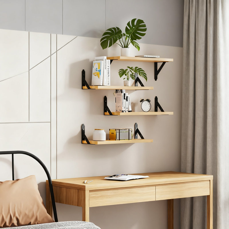 Ensemble de 4 tablettes flottantes en bois rustique pour le salon, la chambre à coucher et la salle de bain, Naturel