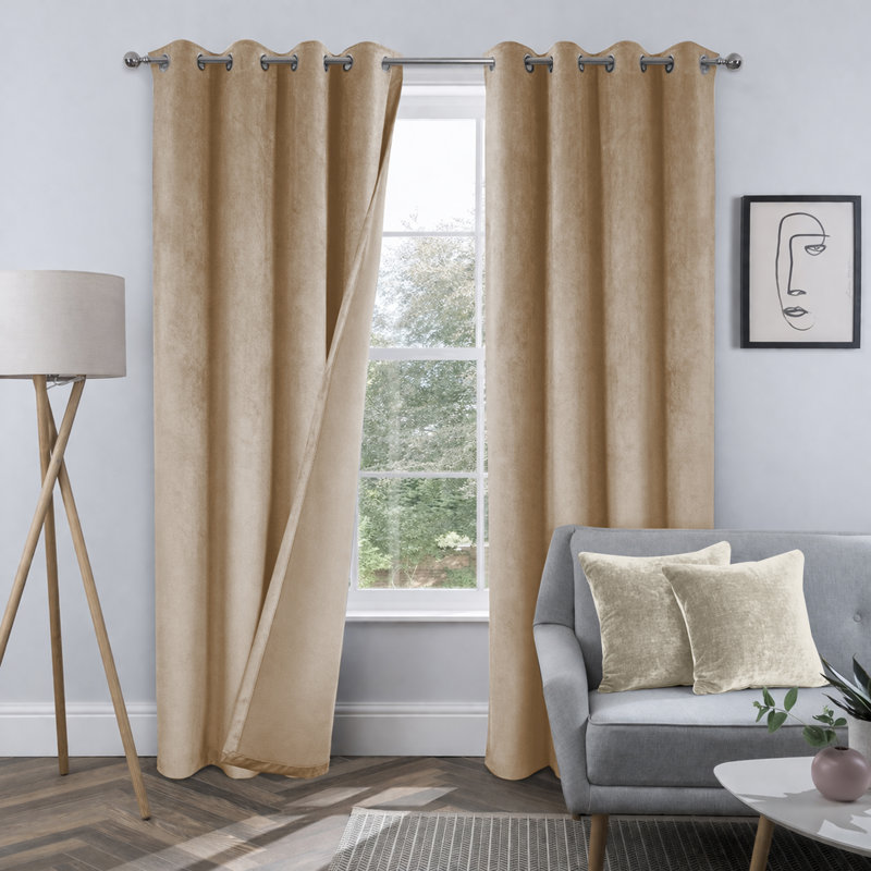 Crushed Velvet Eyelet Curtains with Matching Cushion Covers – Luxury Room Darkening Drapes Set , Beige
