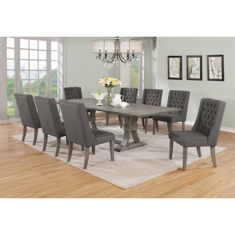 Table de salle à manger à rallonge en bois rustique de 72 po à 104 po avec chaises en lin capitonnées Dions, 9, Gris
