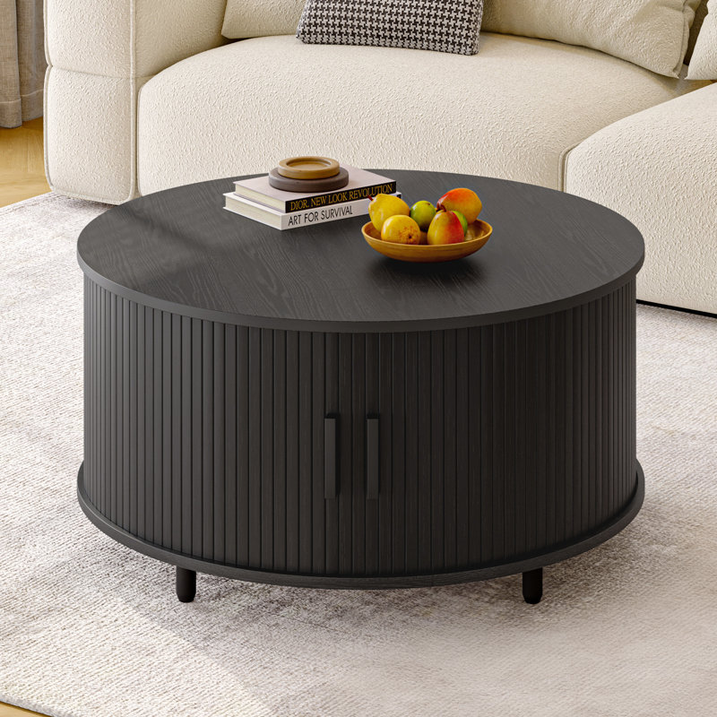 31.5" Modern Round Coffee Table With 360° Curved Sliding Door, Black