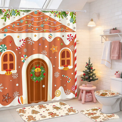 Ensemble de décoration de salle de bain de Noël en pain d'épice 4 pièces, rideau de douche, tapis antidérapant et couvercle de toilette, meilleur choix de cadeau pour la maison de Noël
