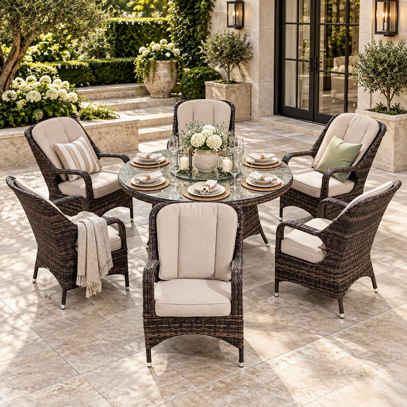 Northpoint 6 - Person Wicker Patio Dining Set Round Table with Cushions Included, Beige, Brown