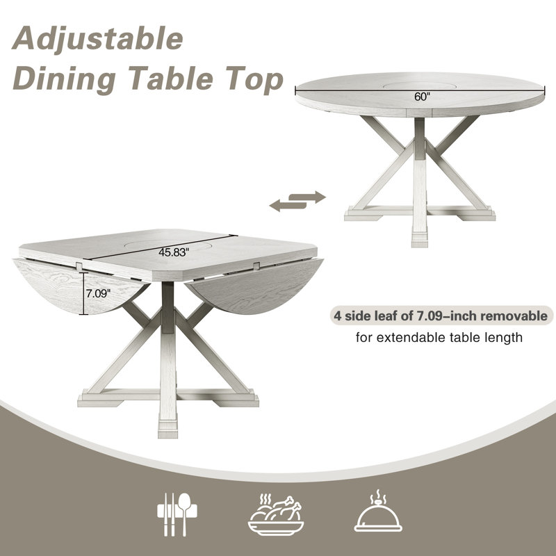 5 Piece Expandable Drop Leaf Dining Table Set with 4 Upholstered Chairs, Solid Wood Round Counter Height Kitchen Table and Chairs Set, Mid-Century Modern Farmhouse Dining Room Table Set