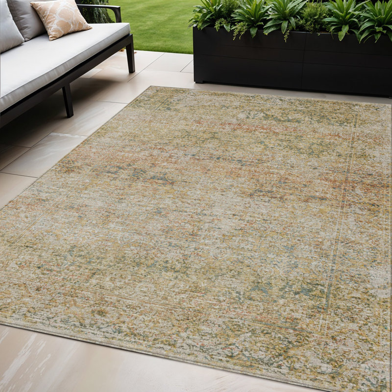Tapis intérieur lavable abstrait doré et beige 5 pi x 8 pi
