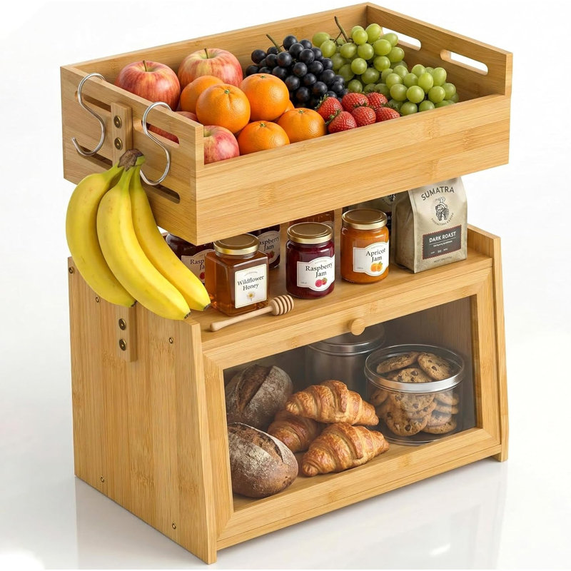Bamboo Bread Box With Fruit Basket, 2-In-1 Kitchen Countertop Organize