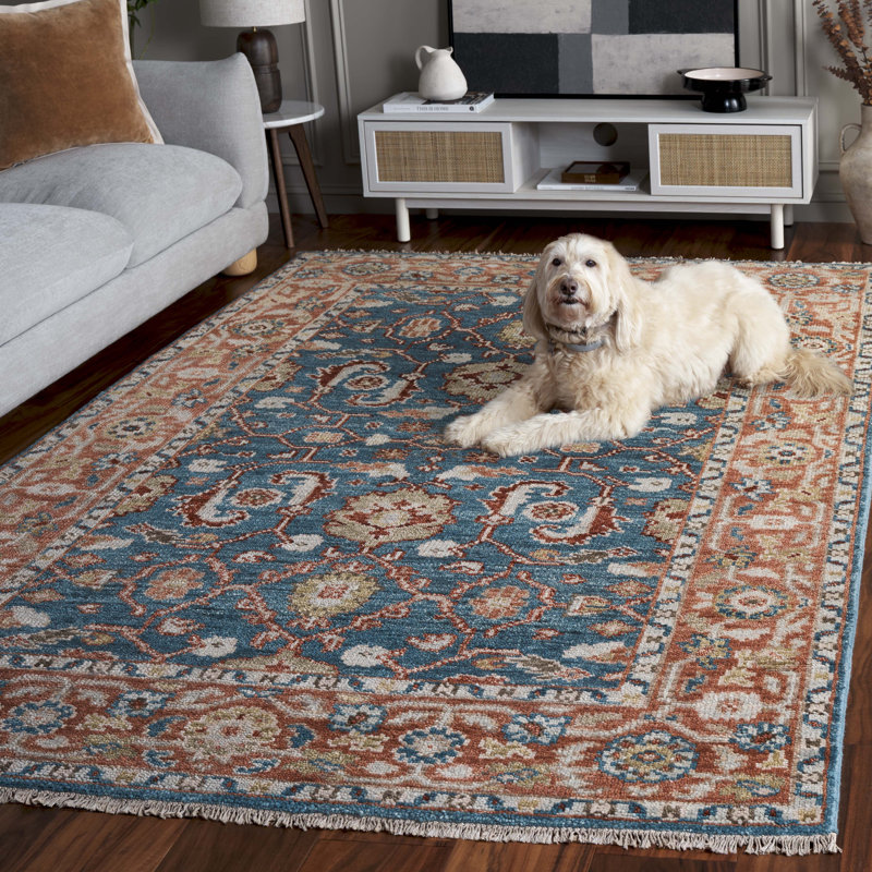 Tapis oriental rectangulaire en laine / coton noué à la main turquoise / rouille / gris, Rectangle 6 pi x 9 pi