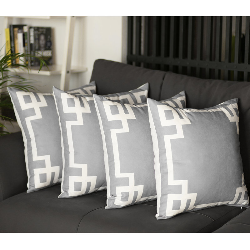 Gray and White Geometric Polyester Euro Pillow Covers Set of 4