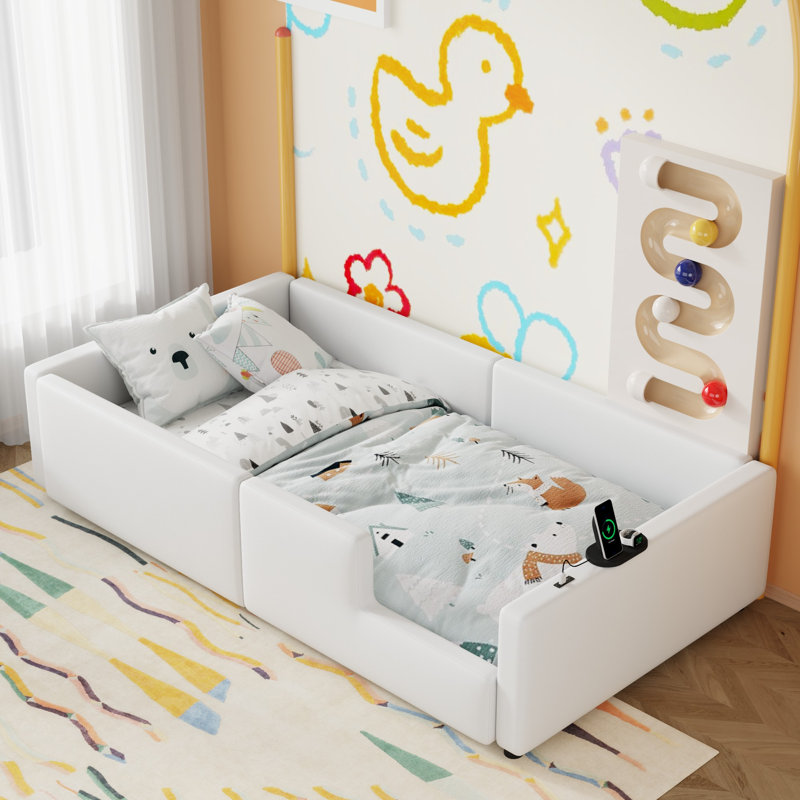 Lit plateforme tapissier avec garde-corps et station de charge, Blanc