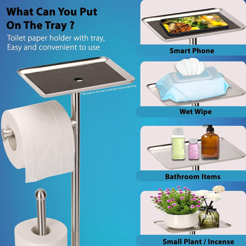 Porte-papier hygiénique sur pied avec tablette - support en nickel brossé avec plateau, rangement pour 4 rouleaux supplémentaires et petits articles