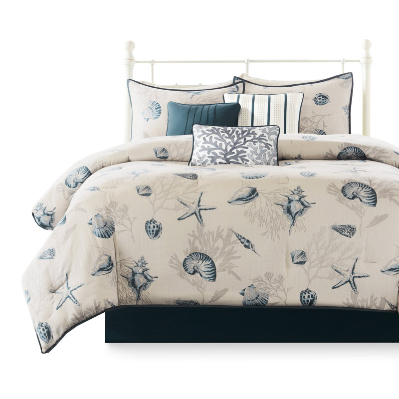 Édredon pour grand lit 7 pièces en coton bleu 180tc avec motif de coquillages assortis 270g / m2