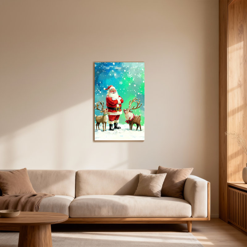 Noël père Noël avec deux rennes dans la neige, H 24 po x l 16 po