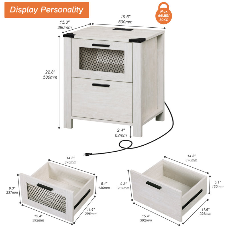 Ensemble de 2 tables de chevet avec station de charge, table de bout de ferme avec 2 tiroirs, table de chevet avec canapé rustique pour la chambre à coucher et le salon