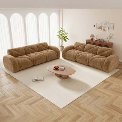 Ensemble de canapé 2 pièces Canapé confortable, ensemble de canapé 3 + 3 places, canapé à assise profonde, tissu de velours doux, fond en éponge haute densité 32D, aucun assemblage requis, ensemble de canapé moderne pour le salon, chameau