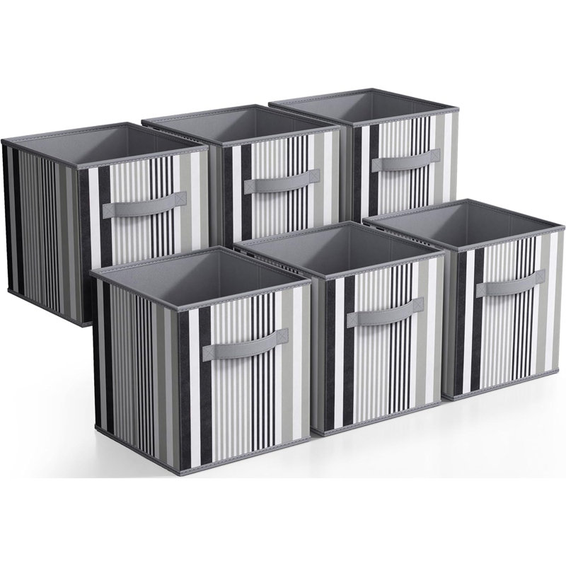 Panier de rangement pliable Sorbus, paquet de 6, motif de rayures verticales - gris / noir, Gris/noir