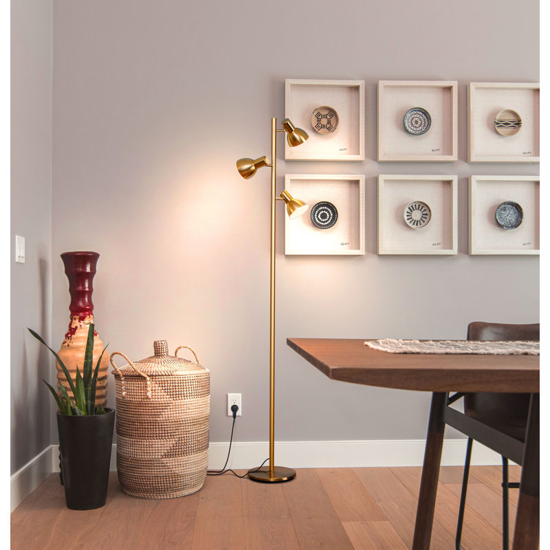Ethan 65.5 in. Mid-Century Modern 3-Light 3-Way Dimming LED Floor Lamp with 3 Metal Cone Shades, Brass