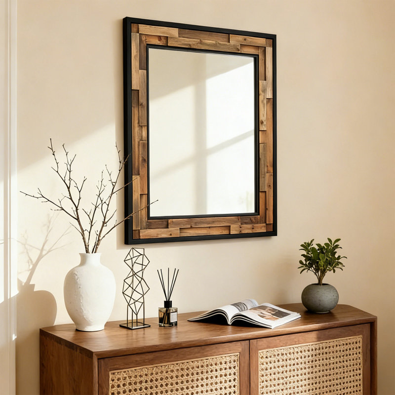 Wood & Metal Framed Rectangular Wall Mirror, Decorative Mirror For Entryway, Bathroom, Hallway Or Living Room