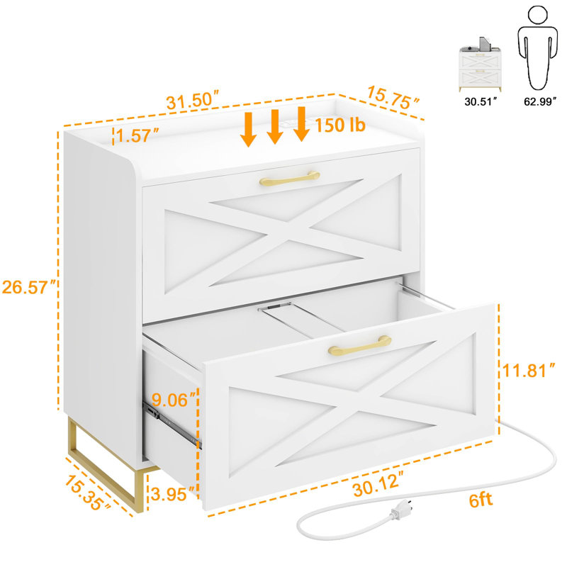 Lateral File Cabinet With Charging Station, White