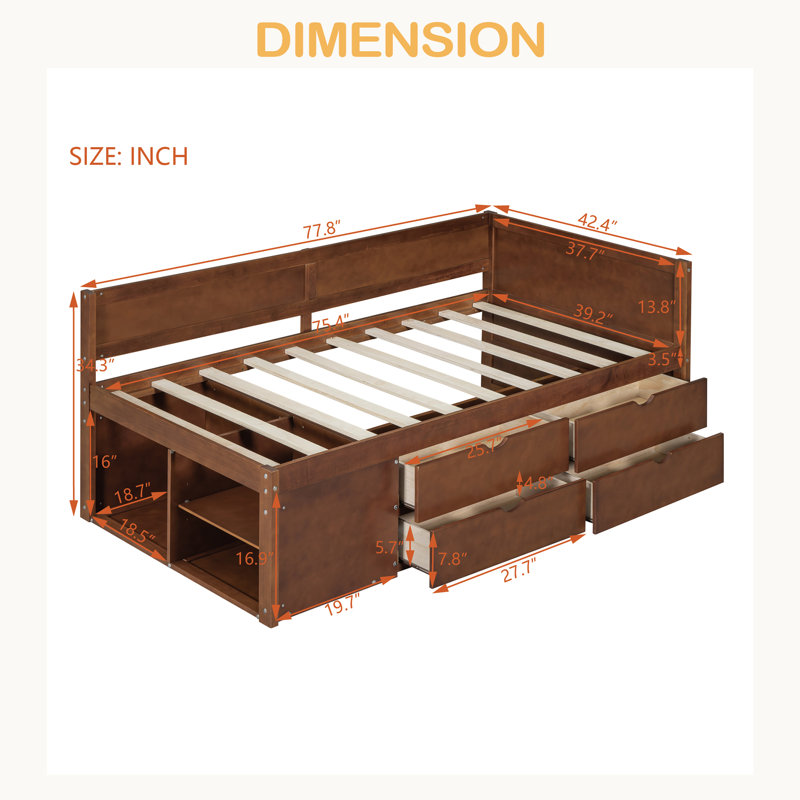 Lit de jour avec tiroirs et tablettes, Noyer, Lit simple