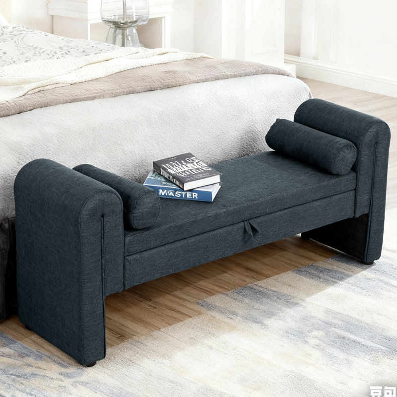 Linen Fabric Bed Tail Stool, 60.5-Inch Storage Stool, Blue/Gray