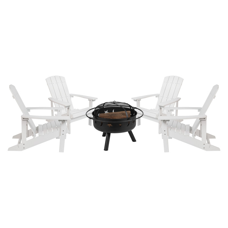 Foyer étoile et lune avec housse en filet et 4 chaises Adirondack en résine de polyester, Blanc